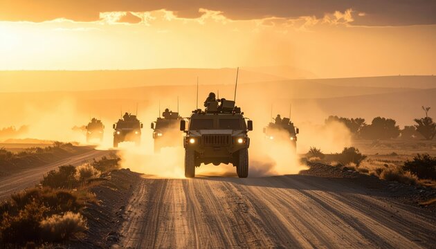 Military convoy of troop carriers driving down a dusty dirt road in the desert at sunset