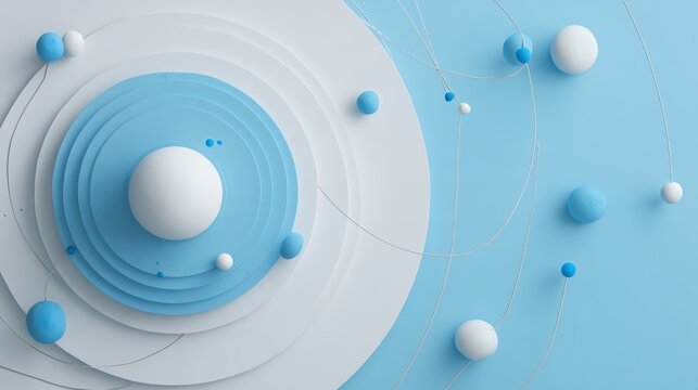 Abstract 3D blue and white concentric circles with floating spheres and connected lines, representing network, orbit, and atomic structure.