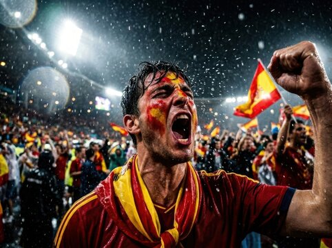 Passionate fan shouting with spain face paint at a football match