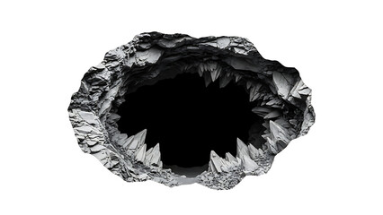 Fototapeta premium Jagged rocky entrance of a deep mountain cavern opening, circular stone hole cutout silhouette isolated on a plain solid white background for composite graphic design projects.