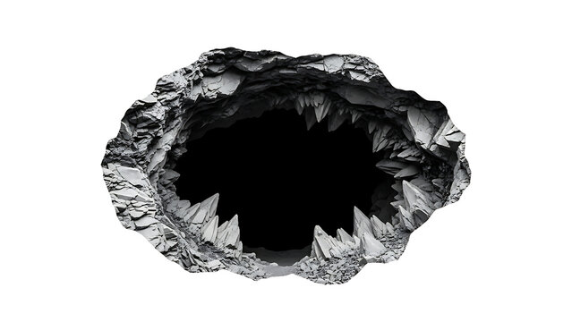 Jagged rocky entrance of a deep mountain cavern opening, circular stone hole cutout silhouette isolated on a plain solid white background for composite graphic design projects.