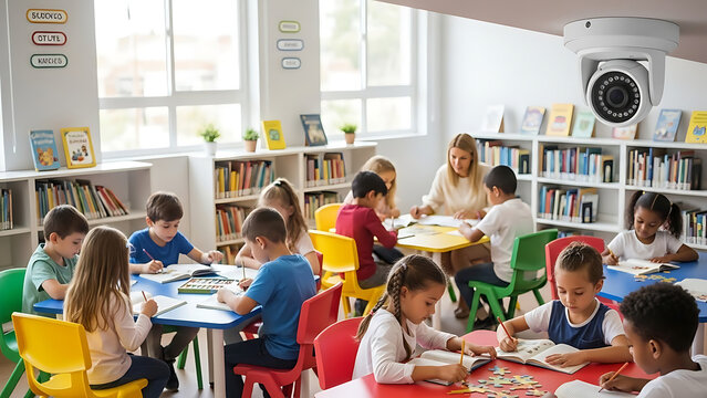 Modern CCTV surveillance camera monitoring diverse group of young child pupils reading in school library classroom, ensuring safety, student supervision, and educational security protection.