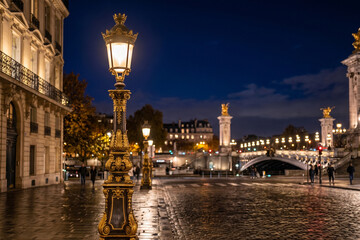 Fototapeta premium Classic golden street lamppost by the river and bridge at European night city