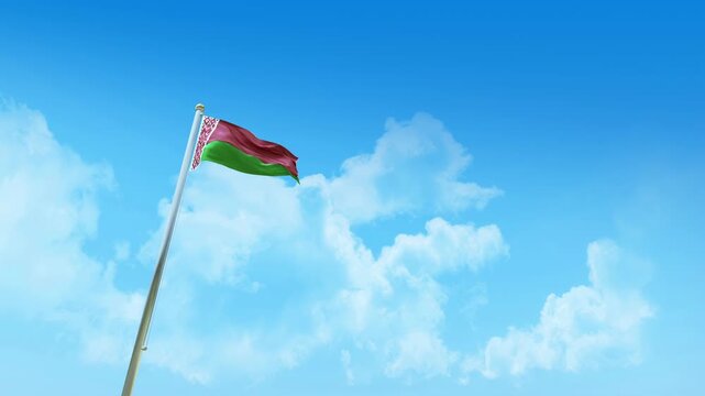 Belarus Flag 3D Render Animation on Pole with Blue Sky and Clouds - Low Angle View