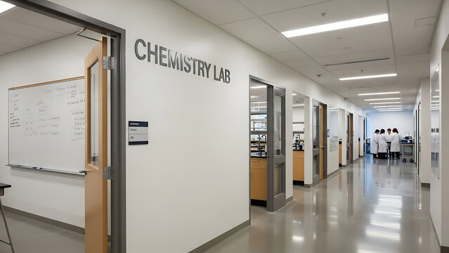 Modern academic hallway interior featuring chemistry laboratory signage and classroom doors within a contemporary science research facility or university building for educational instruction.
