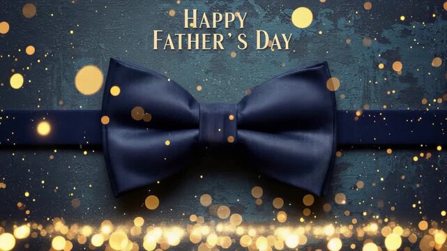 Blue bow tie on dark surface with golden bokeh lights for a Happy Father day greeting card. Elegant accessory composition celebration concept for dad holiday.
