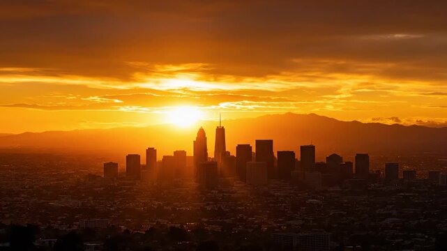 Sunrise over urban skyline with mountain backdrop