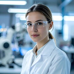 Fototapeta premium A young woman in a lab coat and safety goggles