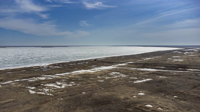Aerial of lake Tengiz, Korgalzhyn Nature Reserve, UNESCO heritage site Saryarka &mdash; Steppe and Lakes of Northern Kazakhstan, Kazakhstan