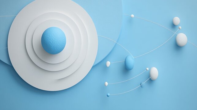 Abstract 3D composition with blue and white spheres, concentric circles, and connected thin lines on a solid blue background.