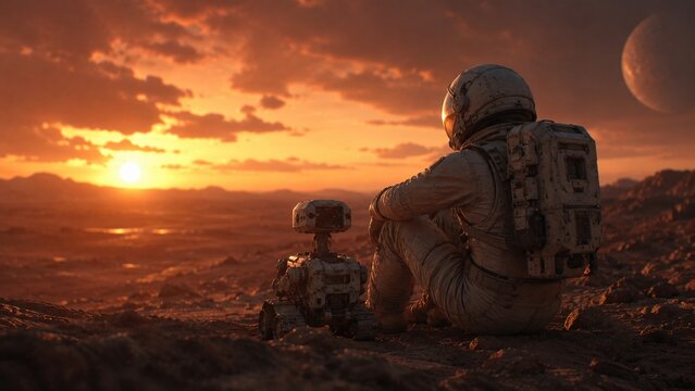 Astronaut robot sunset alien landscape companionship futuristic adventure exploration