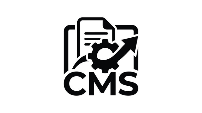 Content management system icon featuring document and gear black silhouette cms page