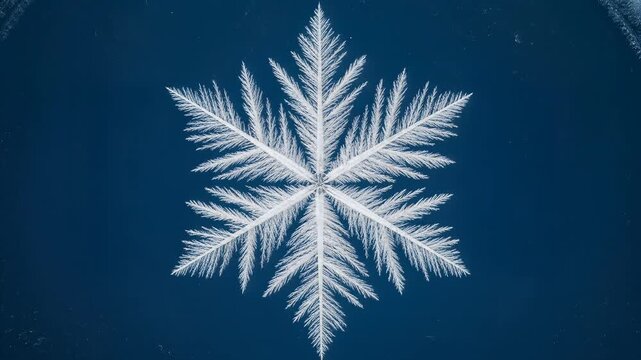 Intricate white snowflake on dark blue background.
