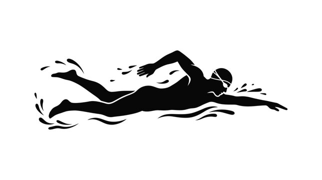 Swimmer in freestyle stroke depicted as a black silhouette swimming athlete sport