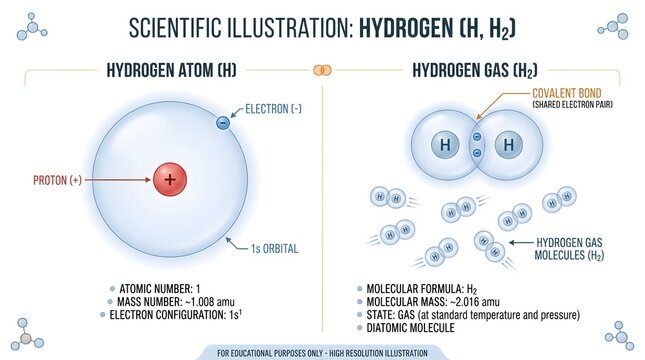 Scientific illustration of hydrogen comparing single hydrogen atom (H) Bohr diagram with hydrogen gas (H₂) molecule, describing atomic number, mass, electron configuration, molecular formula, physical