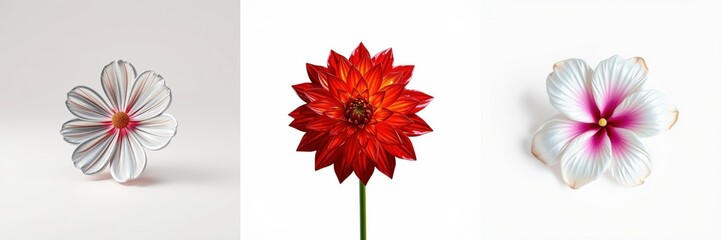 Obraz premium Floral triptych showcases diverse blooms. White, red, pink flowers stand out against neutral backgrounds. Delicate petals, vibrant colors present beauty.