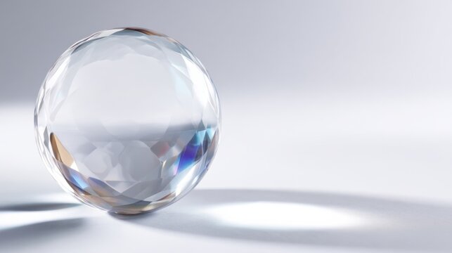 A clear crystal ball with facets, reflecting light and casting a shadow on a soft, luminous surface