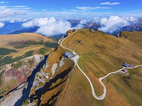 The summit station of the Seceda cable car, Sofie hut, drone shot, Val Gardena, Dolomites, Autonomous Province of Bolzano, South Tyrol, Italy