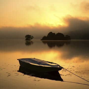 Sunrise on the Edersee with morning mist on the water, small islands in the Eder dam, fishing boat moored on the shore, Ederstausee, Hesse, Germany