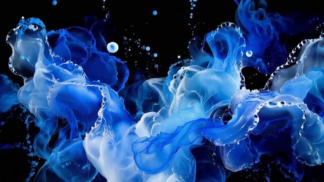 Blue ink swirling in clear liquid on black background. Abstract cloud pattern of paint interaction. Fluid motion and dynamic mixing of microscopic liquid droplets.
