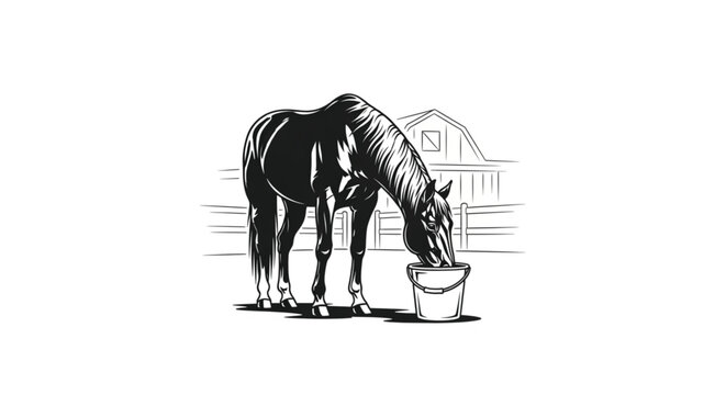 Black and white horse eating feed.