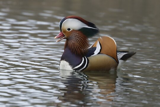 Mandarin duck (Aix galericulata) adult male bird calling or quacking on a lake, England, United Kingdom