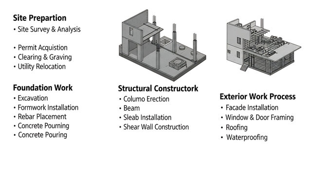 Professional construction workflow diagram outlining SOP management phases including initial site preparation, concrete foundation laying, structural framing, and project development steps.