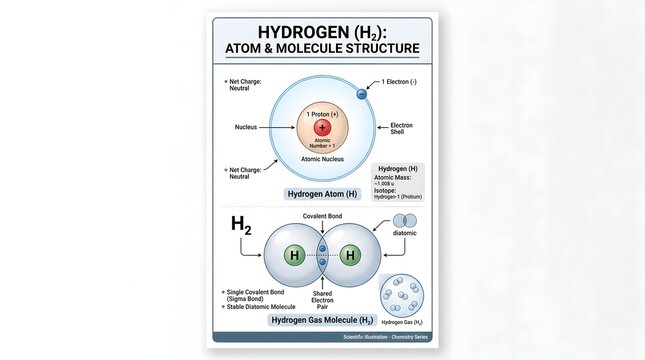Hydrogen (H) atom and molecule structure poster showing Bohr model with single proton and electron, electron cloud orbital, covalent bonding to form H₂ molecule, Lewis structure and brief overview of 