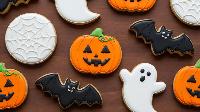 Delicious Halloween sugar cookies shaped like spooky ghosts orange pumpkins black bats and intricate spider webs arranged on a rustic brown background for a festive autumn celebration
