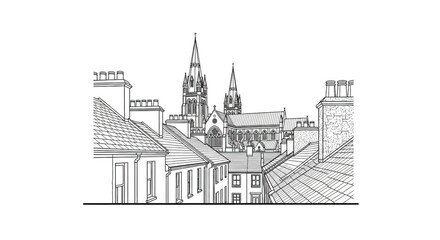 Obraz premium Black and white illustration of buildings.