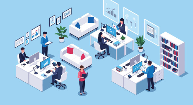 Isometric view of modern office space featuring diverse employees working at desks, lounge areas, and collaborative workplace environments.