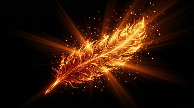 Majestic burning phoenix feather glowing with orange fire sparks and light rays on black background
