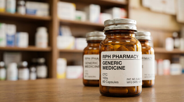 Three amber glass bottles of generic medicine with white labels displayed on a wooden counter in a pharmacy.