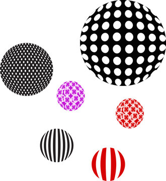 Abstract 3D sphere geometric pattern element set. Simple vector illustration of halftone dotted globes, striped balls, optical illusion circles, creative design textures, and graphic layout structures