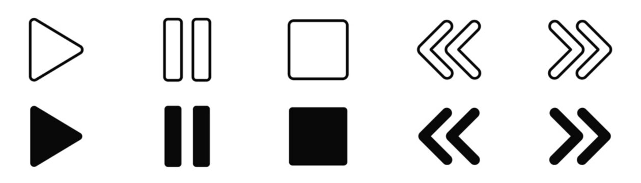 Playback navigation control icons set displaying play pause stop button double arrow rewind and fast forward symbols with rounded corners in line and solid versions.