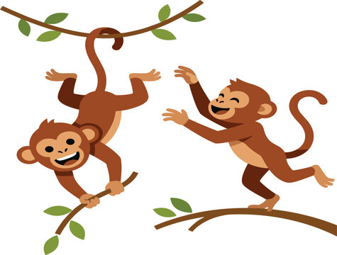 Cartoon monkey vector illustration showing two cute brown monkeys playing and hanging on jungle branches isolated on a white background.