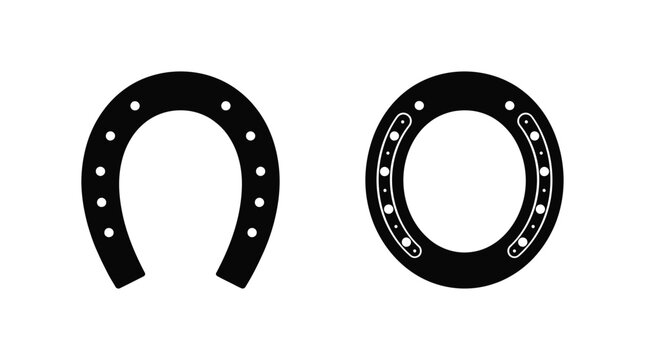 Two black horse shoe silhouettes against a white background detailed with nail holes silhouette