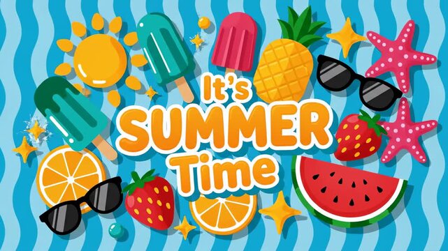 Colorful summer animation with bright fruit and sun