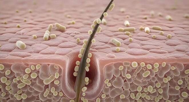 3d render of hair follicle with ingrown hair and dead skin cells, medical illustration, dermatology concept