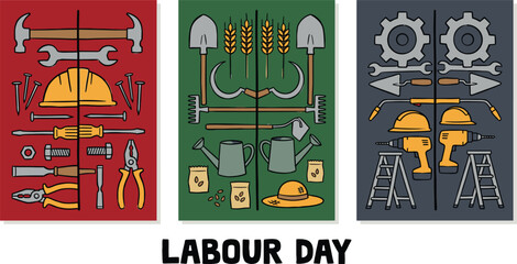Obraz premium Labour Day Flat Lay Poster Set with Worker Tools Agriculture and Construction Equipment Arranged for Holiday Banner illustration