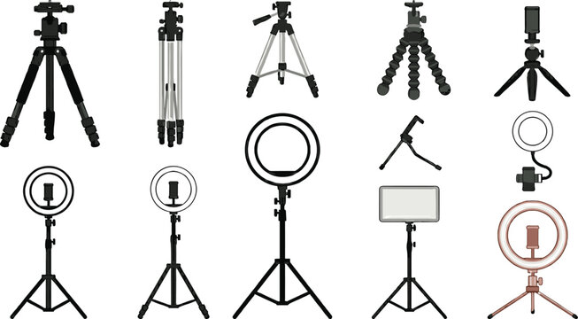  Tripod and Ring Light Icon Set with Flexible Stands and Phone Holders for Photography Videography Streaming and Content Creator Designs
