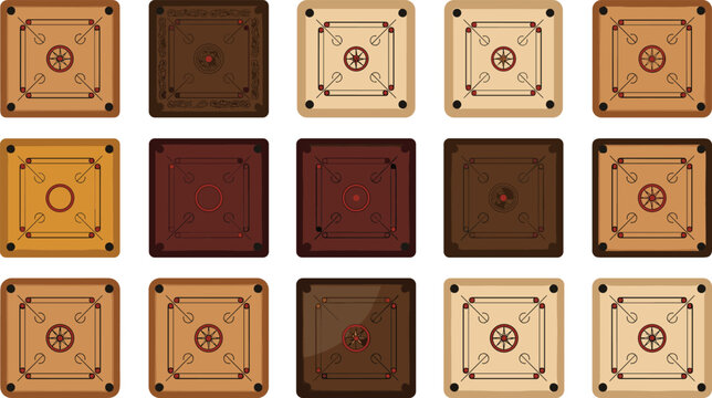 Carrom Board Game Collection Set with Wooden Strike and Pocket Board Designs in Light Dark and Mahogany Wood Finish Styles for Indoor Family Board Game and Recreation Use