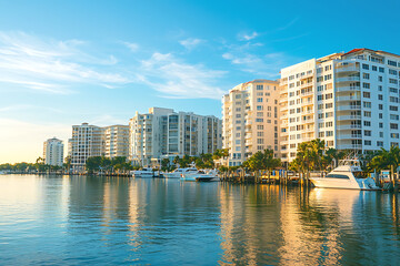 Fototapeta premium Beautiful waterfront condominiums and luxury yachts illuminated by sunrise light.