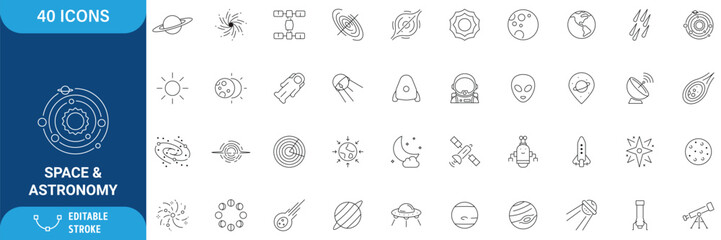 Space & Astronomy icon set. Containing satellite, universe, astronaut, rocket, comet, telescope and planet and more icons. line Icon. Vector illustration. Editable stroke  © Designer