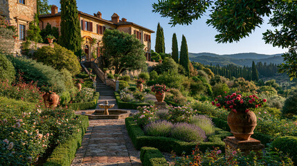 Obraz premium Ancient Tuscan villa garden with manicured hedges and blooming flowers showcasing timeless Italian landscape elegance