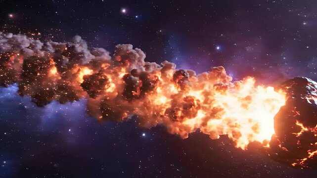 Burning asteroid with a fiery trail flying through deep space. Glowing comet with lava cracks soaring past a purple nebula and stars. Cosmic disaster concept, ideal for science fiction and astronomy.