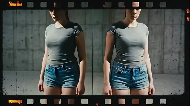 Young woman in denim shorts and grey shirt standing in front of a mirror reflection. Portrait against a concrete wall featuring a vintage film strip border. Themes of identity and urban fashion.