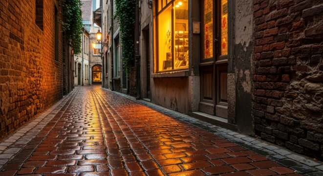Old European cobblestone street at night, narrow brick alleyway with warm shop window light, historic city lane with wet stone pavement reflections