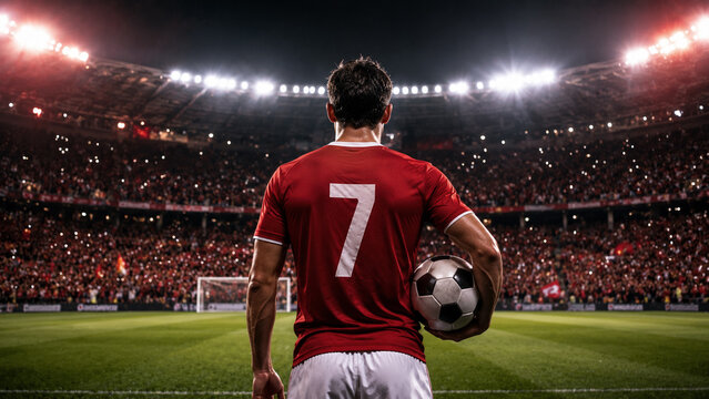 Professional football player wearing number 7 stands before a packed stadium crowd, symbolizing leadership, ambition, and victory.