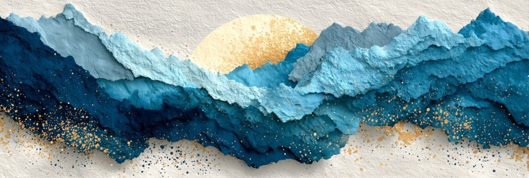 Layered paper-cut blue mountain landscape with textured waves and golden sun accents, Argentina soccer pattern luxury abstract panoramic background for wall decor and modern design